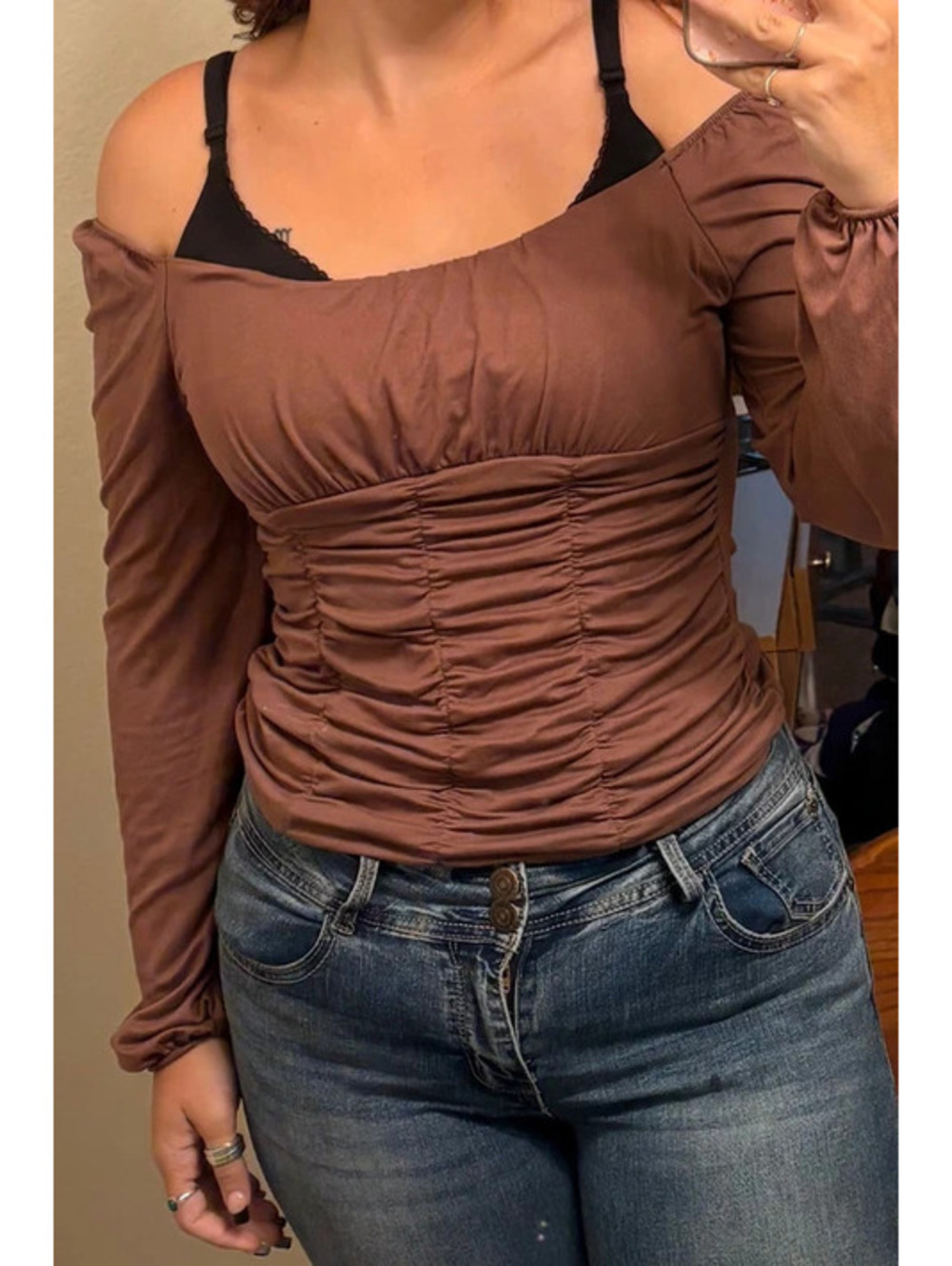 Off the Shoulder Babydoll Brown top with ruching